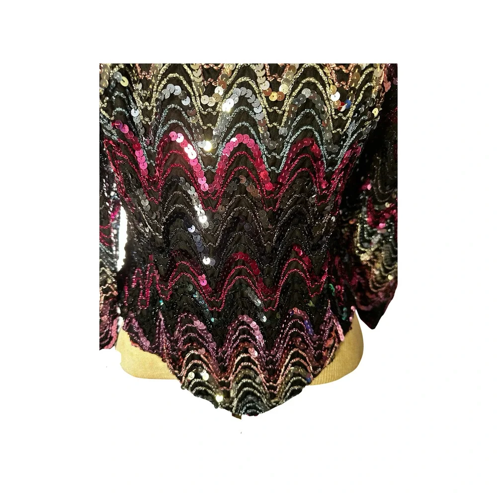 80s Pink Sequin Black Mesh Party Blouse SM/MED